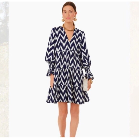 Pomander Place Navy Ikat Kenzo Dress XS/S Chevron Blue & White Tiered Tuckernuck - Picture 1 of 7